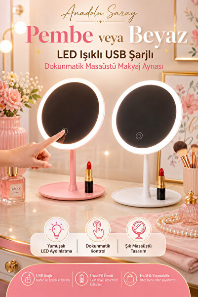 Anadolu Saray Pembe veya Beyaz LED Işıklı USB Şarjlı Dokunmatik MasaÜstü Maky...