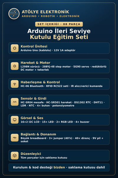 ATÖLYE ELEKTRİK Arduino İleri Seviye Kutulu Eğitim Seti - 88 Parça