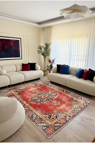 VOPTEKS Kırmızı Vintage Halı Salon Halısı Makinede Yıkanabilir Kaymaz Taban Halı