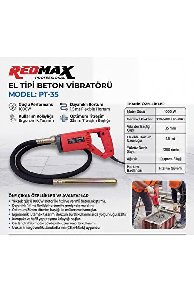 REDMAX PROFESYONEL REDMAX PT-35 EL TİPİ BETON VİBRATÖR 1,5 MT 1000WAT 35MM