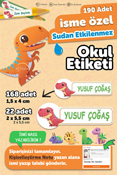 MSticker Okul Etiketi Kalem Defter Etiketi Dinazor Özel Isim Yazılabilen Etik...