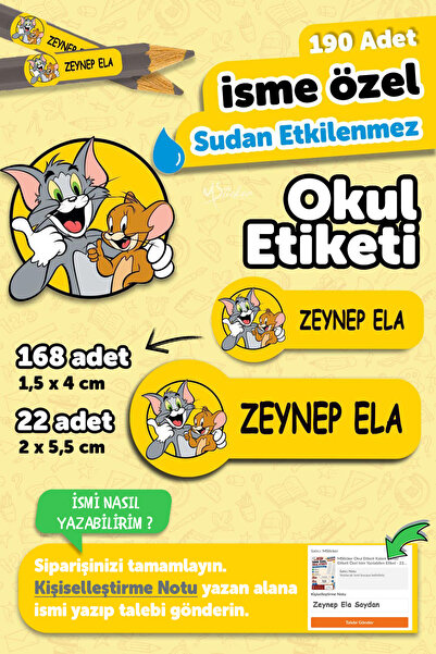MSticker Okul Etiketi Kalem Defter isimli Etiket Isim Yazılabilen Tom and Jer...
