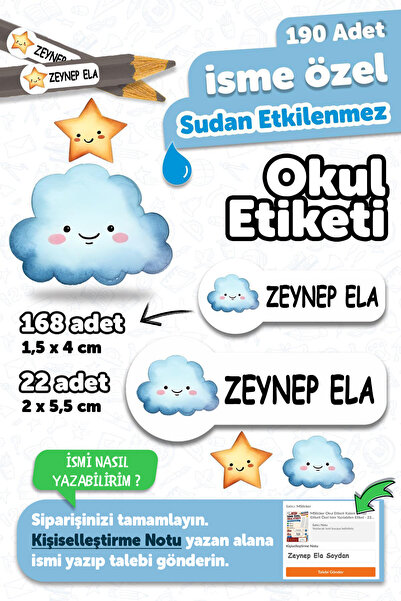 MSticker Okul Etiketi Kalem Defter isimli Etiket Isim Yazılabilen Gülen Bulut...