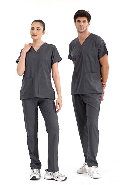 ÇİZGİ MEDİKAL Füme Lüks Likralı Greys Alt Üst Takım Doktor Hemşire Scrubs Üni...