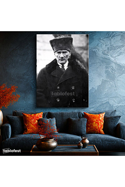 Tablofest Dikey Kanvas Tablo Atatürk Kalpaklı Kürklü Palto Kışlık Atatürk Tab...