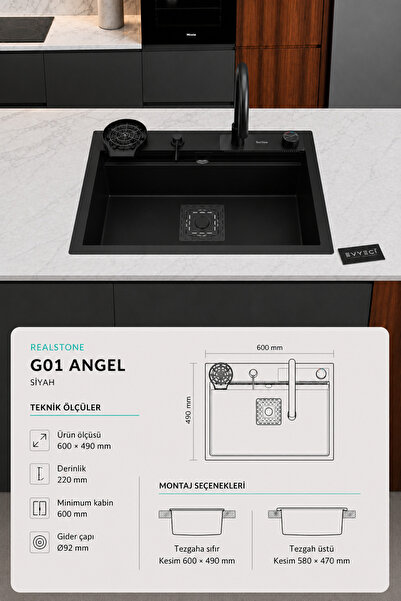 RealStone REAL STONE ANGEL SET SİYAH GRANİT EVİYE