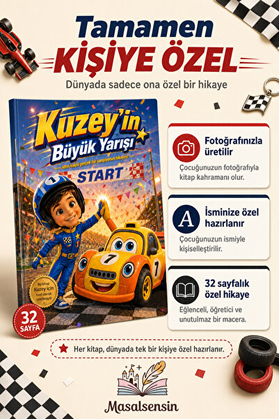 Araba Yarışı Kişiye Özel Çocuk Kitabı - İsme Özel Masal - Erkek Çocuğa Doğum Günü Hediyesi