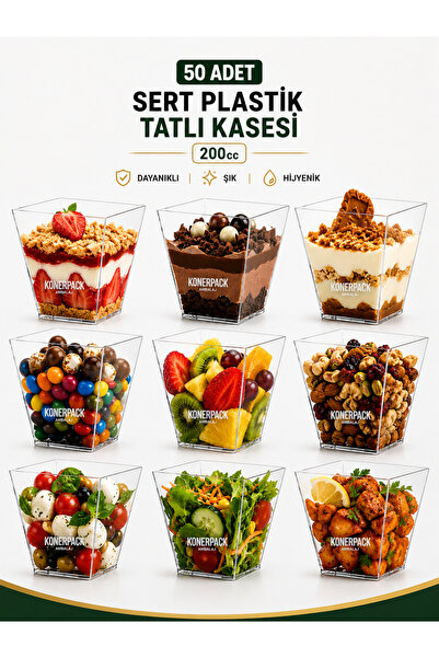 KONERPACK 50 Adet Mika Plastik Şeffaf KAPAKSIZ Sunum Kabı 200cc Tatlı & Meze ...