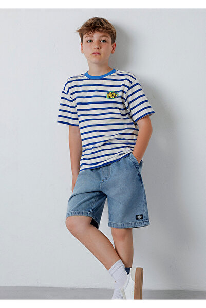 Mavi Sticker Printed Striped T-Shirt Maza