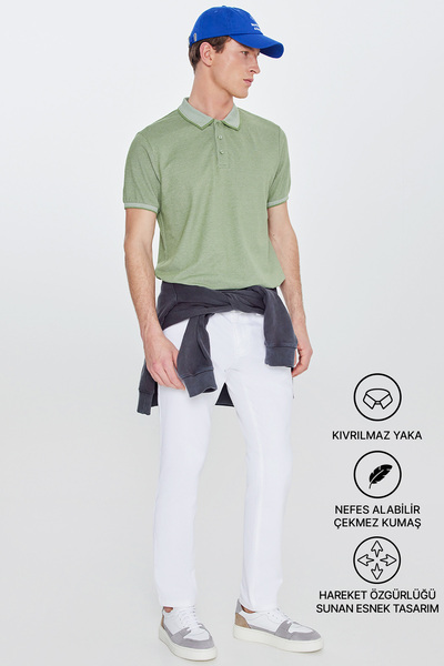 AC&Co / Altınyıldız Classics Men’s Green Slim Fit Cotton Polo Neck T-Shirt wi...