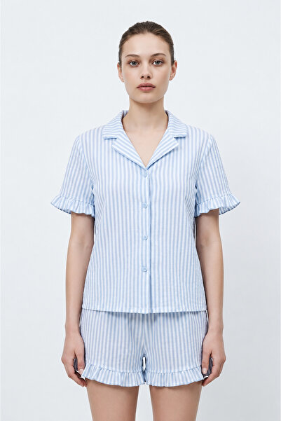 FİT WOMEN Women's Premium Ruffled Blue Pajama Set