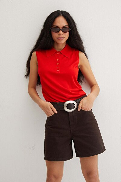 Silk and Cashmere Kırmızı Chloe İpek Kaşmir Kolsuz Triko Polo