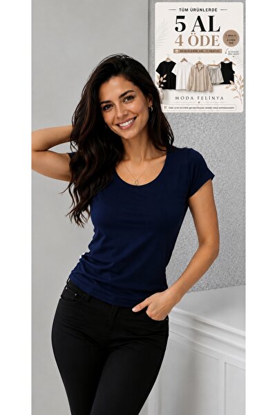 moda felinya Women's Short Sleeve Boat Neck Navy Blue Color Body T-Shirt