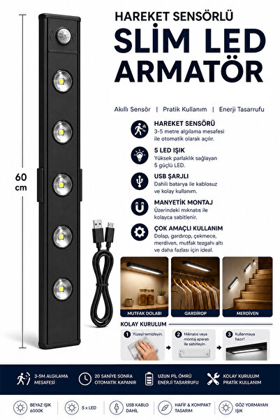 Neo Vista Slim Led Kabin Armatürü Hareket Sensörlü Dekoratif Gece Lambası Usb...