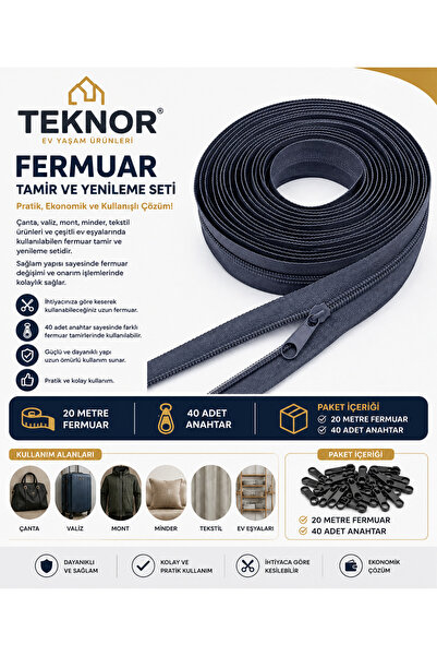 Teknor Siyah Fermuar 20 Metre 40 Adet Kursör T5