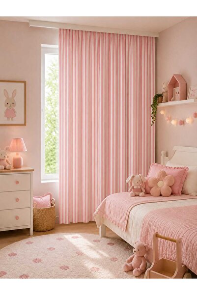 HOME ART ATELIER hand made PEMBE Çizgili Vintage Keten PERDE Pilesiz (EN X BO...