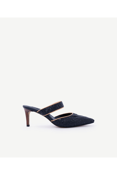 Yargıcı Knitted Detailed Leather Heeled Slippers