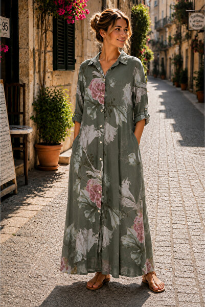 EREN STYLE Bohomian Italian Long Digital Floral Printed Linen Shirt Dress & Cap