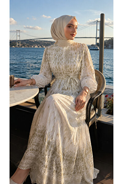Novaİst Elegant Patterned Pleated Satin Quality Summer Stylish Dress