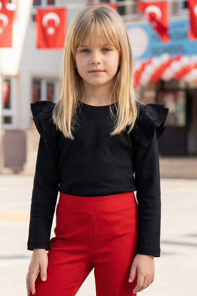 Parla Kids Girl's Black Shoulder Ruffle Crew Neck Body Sweatshirt