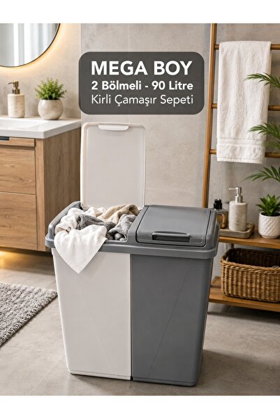 Porsima Violet 90 Litre Çift Gözlü Çamaşır Sepeti Gri-Beyaz