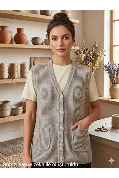 restinatriko Women's V-Neck Corded Fabric Knitwear Mother Vest Plus Size with...
