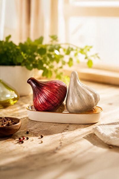 Porsima Mıo-036 Soğan Sarımsak Motifli 2li Standlı Tuzluk Biberlik Seti