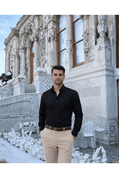 Beystil Slim Fit Siyah Saten Gömlek