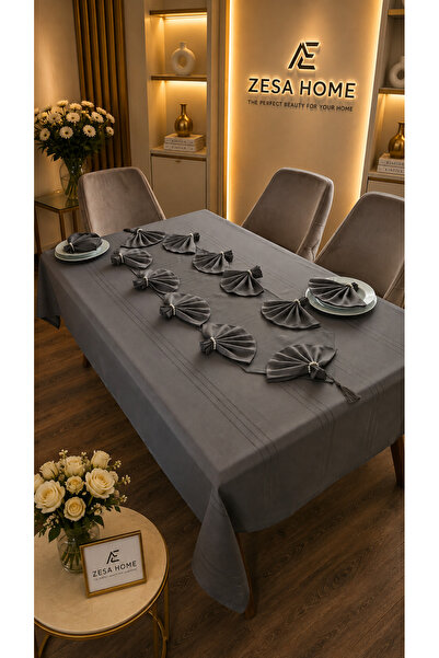 ZESA HOME Colber Stripe Detailed Tablecloth Smoke 18 Pieces for 8 People - Ta...
