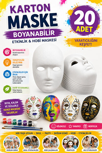 Genel Markalar Karton Maske, 20 Adet, Boyanabilir Etkinlik Ve Hobi Maskesi Eğ...