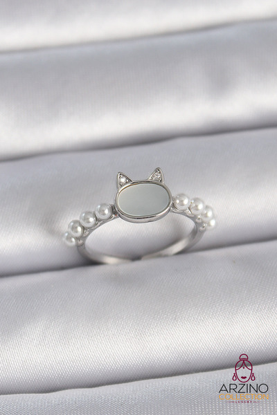 Generic Brand Brass Silver Color Adjustable White Enamel Cat Model Pearl Deta...