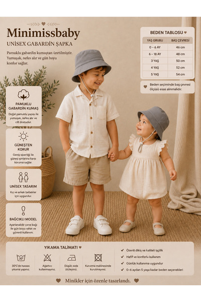 Minimissbaby Gray Gabardine Fabric Baby Girl and Boy Bucket Hat