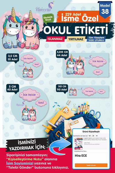 t tuğset etiket Okul Etiketi Unicorn Kalem Defter Etiketi Özel İsim Yazılabil...