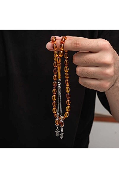 Inure Jewelry Ασημένια φούντα που σφίγγει κεχριμπαρένιο ροζάριο