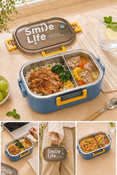 Meturas 980 ml 2 Bölmeli Paslanmaz Çelik Bento Yemek Kabı ve Beslenme Kutusu,...
