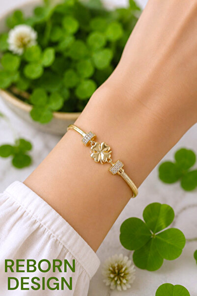 REBORN DESIGN Zircon Stone Clover Model Gold Color Women's Bracelet