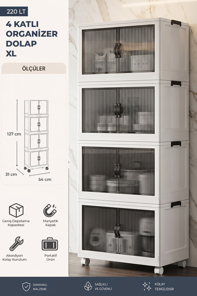 Kitchen Life 4'lü Portatif Istiflenebilir Tekerlekli Organizer Dolap Plastik ...