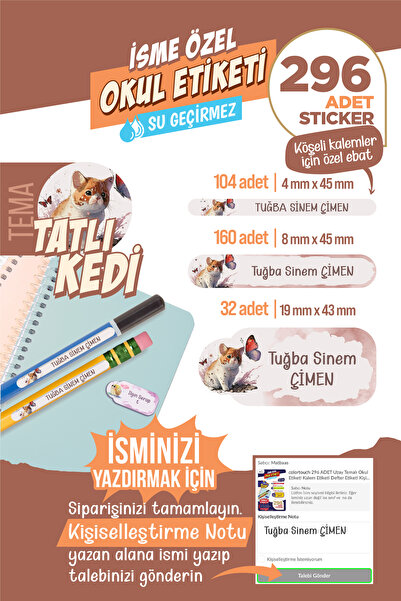 colortouch 296 ADET Tatlı Kedi Serisi Okul Etiketi Sticker Kalem Etiketi Deft...