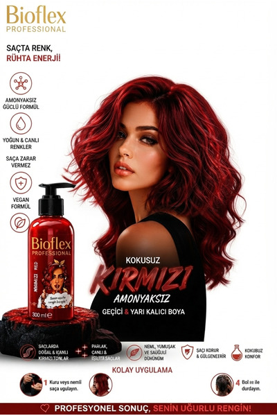 Bioflex Amonyaksız Kırmızı Renkli Saç Boyası 250 ml Kokusuz Su Bazlı Geçici r...