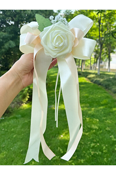 Choice5 Champagne Elegant White Rose Satin Bow Car Mirror Decor, Artificial F...