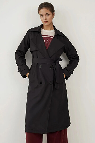 Merterium Women's Double Breasted Collar Trench Coat Black 1198