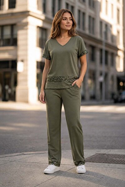 Mossta V-Neck Sequin Detailed Double Suit - Khaki