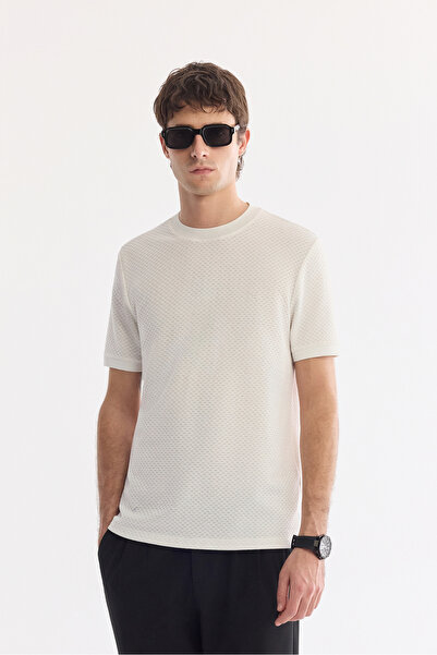 Avva Men's Ecru Crew Neck Cotton Pack Elastane Jacquard Regular Fit T-Shirt A...