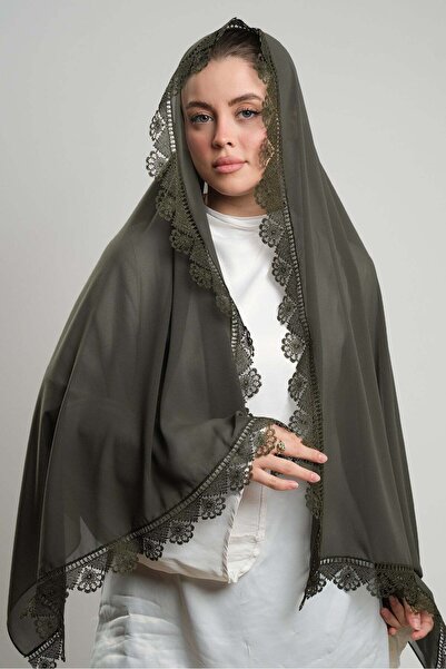 HÜRREMBONE SARAYDAN GELEN GÜZELLİK Khaki Prayer Head Scarf Shawl Chiffon Lace...