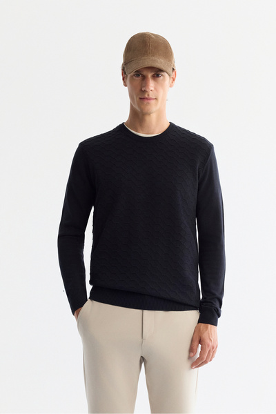 Avva Men's Navy Blue Crew Neck Textured Knitwear Regular Fit Sweater E005107