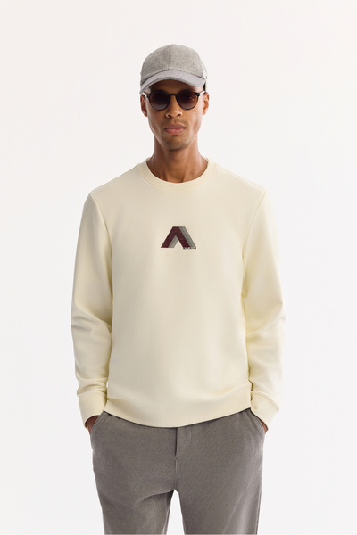 Avva Men's Ecru Crew Neck Cotton Bi-Stretch Printed Regular Fit Sweatshirt A5...