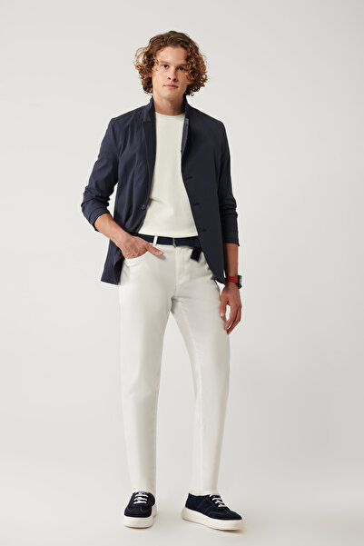 Avva Men's Off-White Classic Waist 5 Pocket Slim Fit Trousers A41Y3071