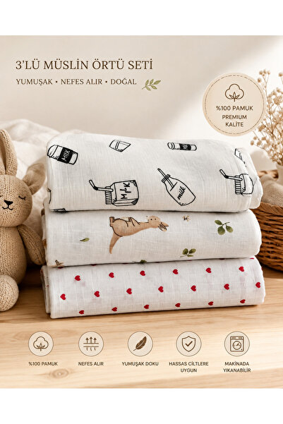 TWO CHİLD Çok Amaçlı El Emeği Müslin Örtü 3'lü Set, %100 Pamuk Yenidoğan Bebe...