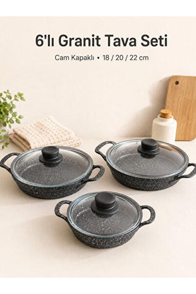 prokitchen 6'lı Granit Tava Seti Cam Kapaklı Döküm Siyah 18-20-22 Cm