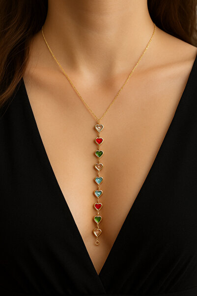 Herşey Nota Minimal Chain Y Women's Necklace with Colorful Stone Heart Figure...